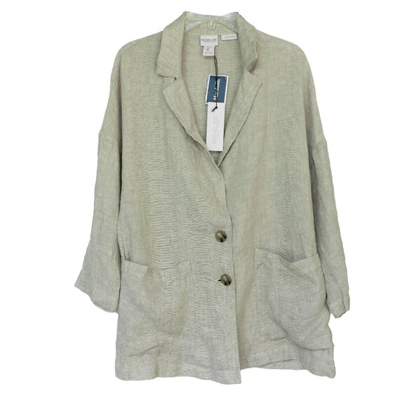 Rachel Zoe 100% Linen Blazer Taupe Oatmeal Relaxed Quiet Lux Long Jacket - Picture 1 of 14
